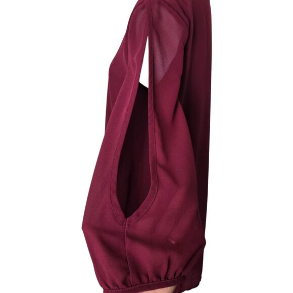 Lulus Burgundy V-Neck Shift Dress Small Sheer Sleeves Lined - Picture 5 of 13
